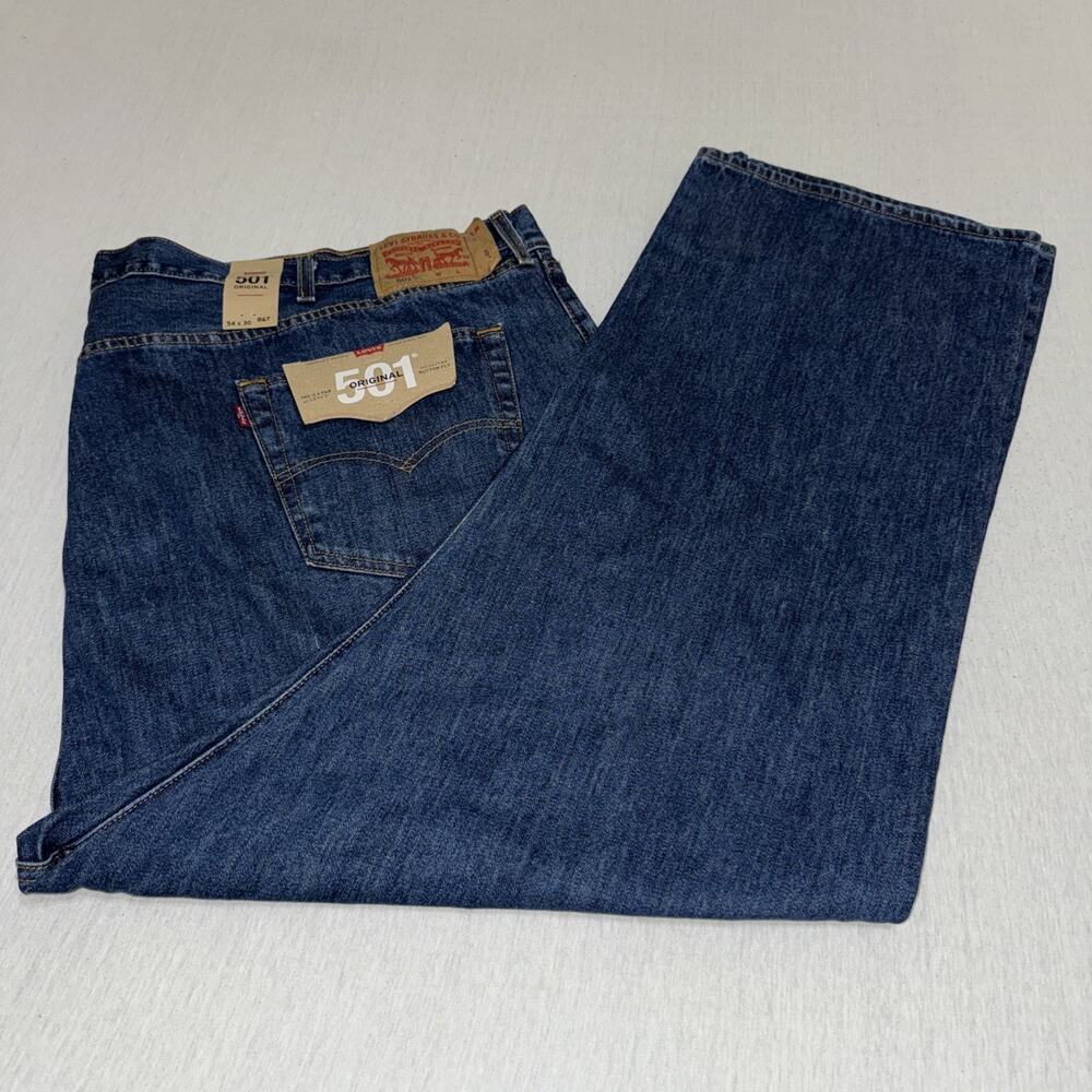Levis 501 Mens 54x30 Jeans Dark Wash Blue Denim Straight Fit Stretch Button Fly